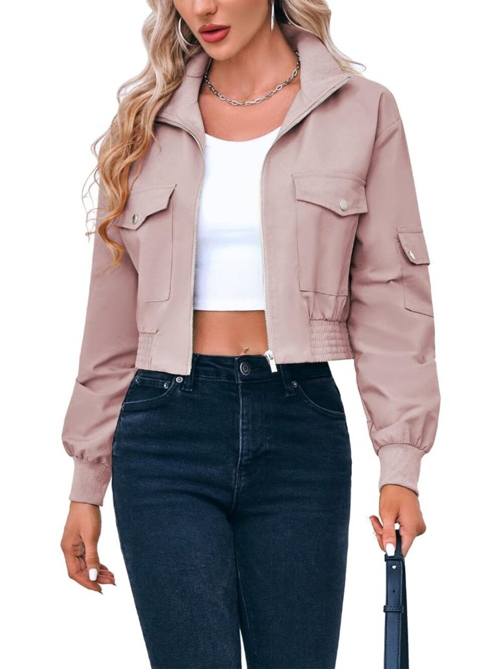 Women's Bomber Jackets Zip Up Stand Collar Short Jacket with Pockets Pink